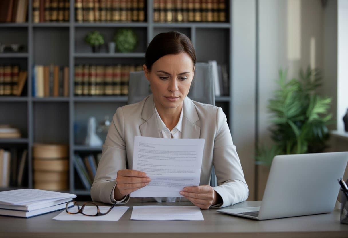 Vrouw zit aan een bureau en bekijkt geconcentreerd juridische documenten in een kantooromgeving.