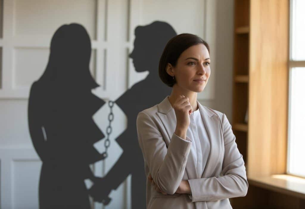 Een vrouw staat kalm en zelfverzekerd in een lichte kamer, met een gebroken ketting op de achtergrond die vrijheid symboliseert.