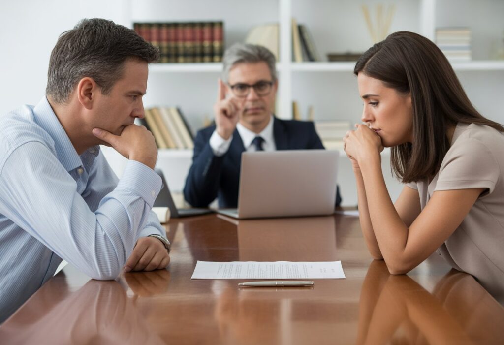 Een man en vrouw zitten tegenover elkaar aan een tafel in een kantoor, met een advocaat die hen begeleidt bij juridische stappen.