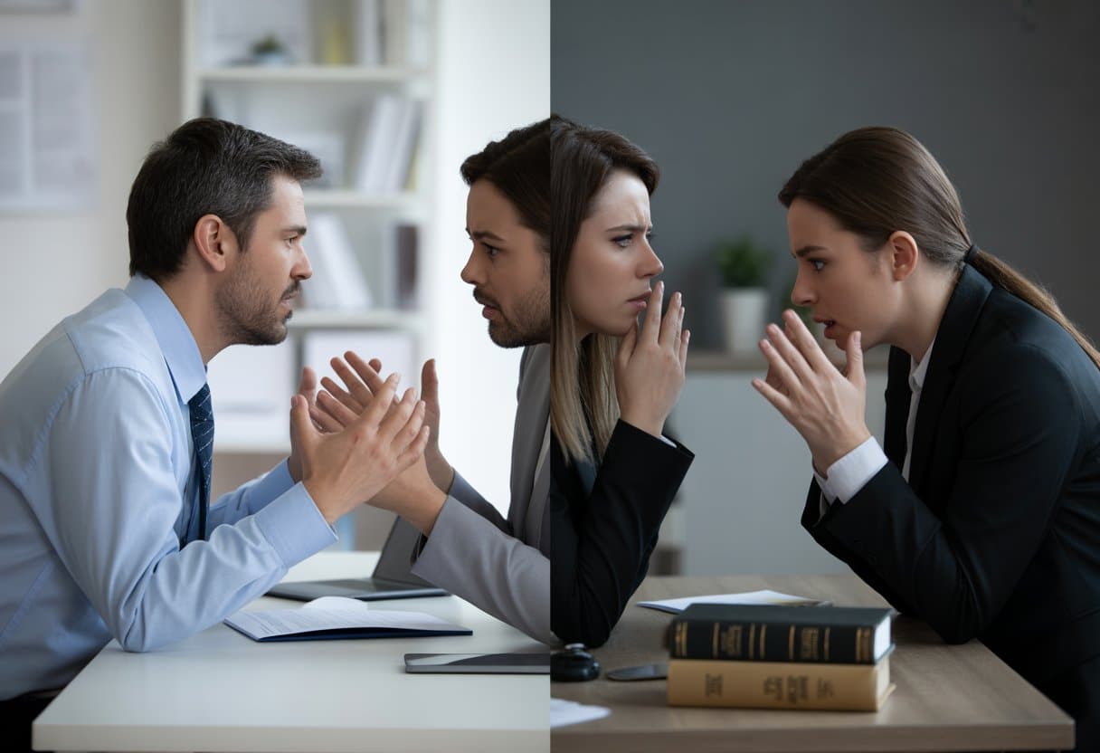Twee mensen in een kantooromgeving, links een verhitte discussie, rechts een gespannen situatie met agressief gedrag.