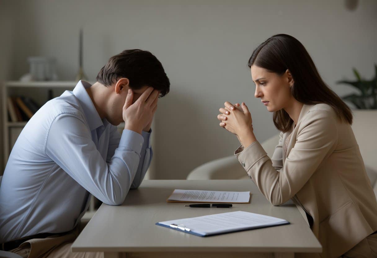 Twee volwassenen zitten tegenover elkaar aan een tafel in een kantoor, een persoon kijkt verdrietig terwijl de ander aandachtig luistert.