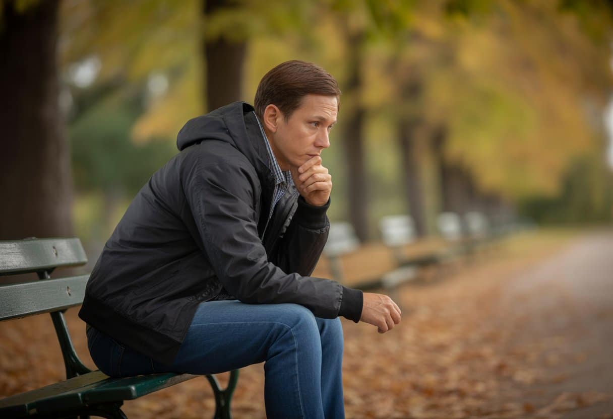 Een persoon zit alleen op een bankje in het park, kijkt nadenkend en verdrietig in de verte.