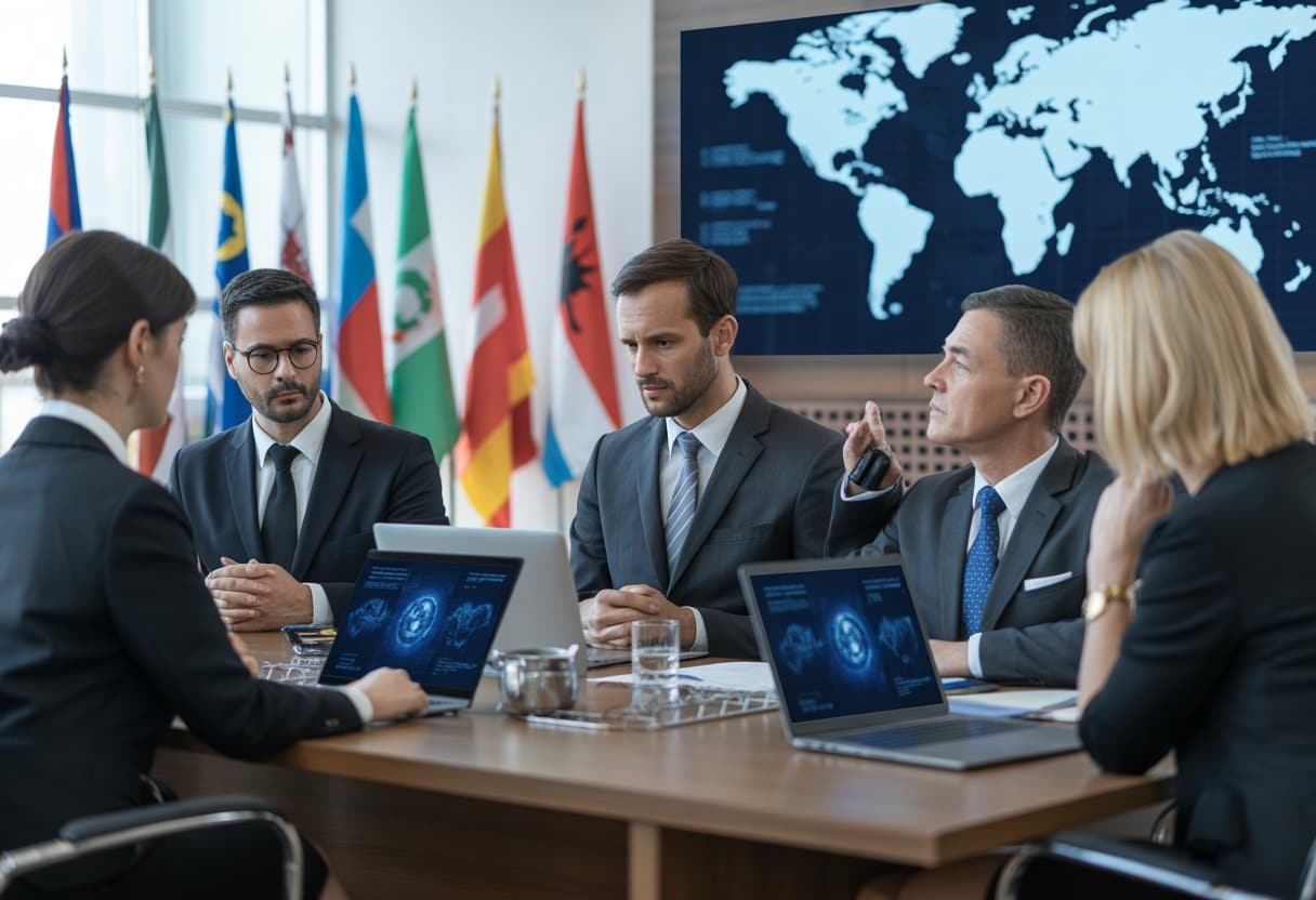 Een groep juridische professionals bespreekt internationale sancties in een moderne rechtszaal met wereldkaarten en vlaggen op de achtergrond.