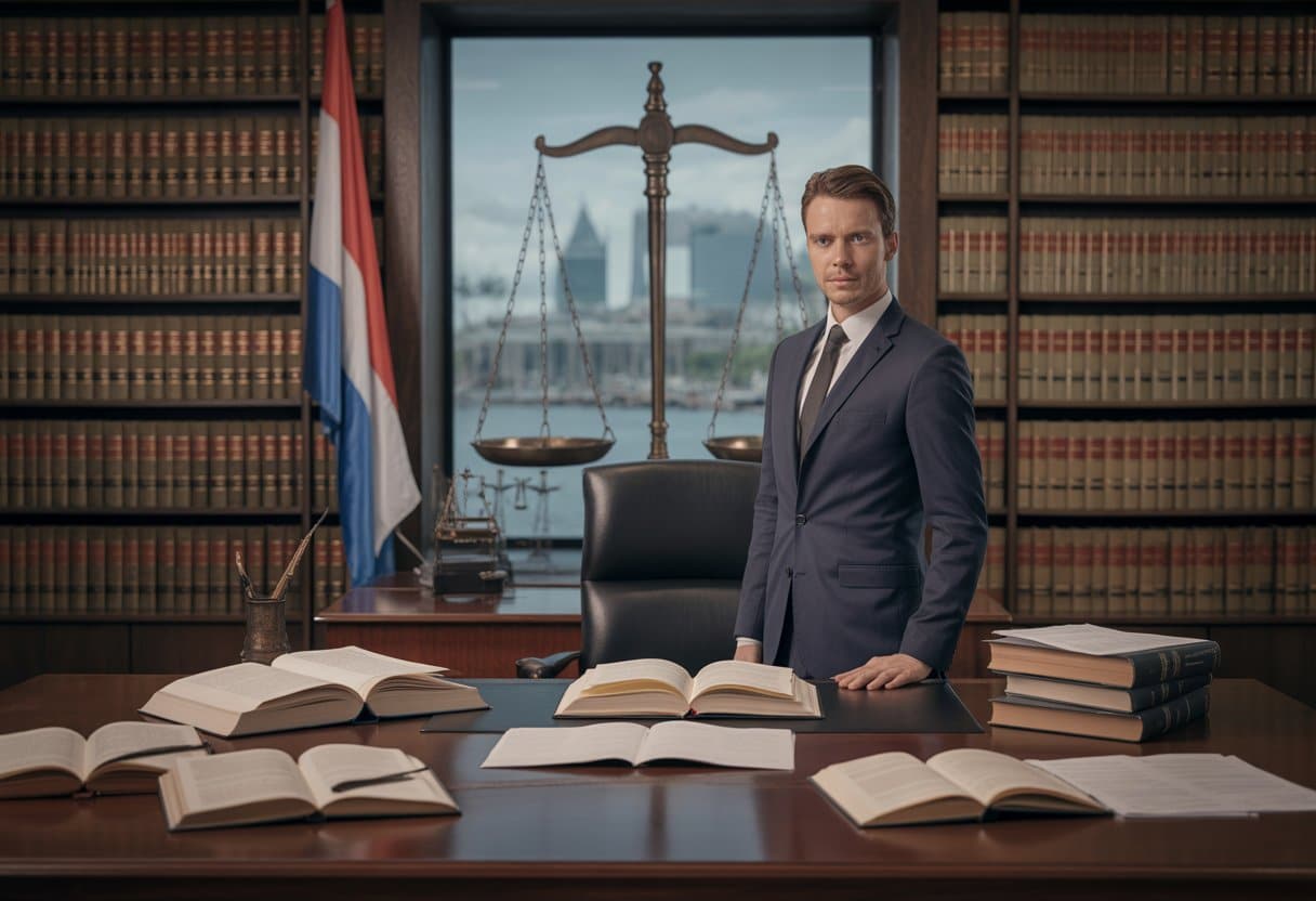 Een Nederlandse advocaat staat in een kantoor met juridische documenten en een weegschaal van gerechtigheid, met op de achtergrond een raam en boekenplanken.