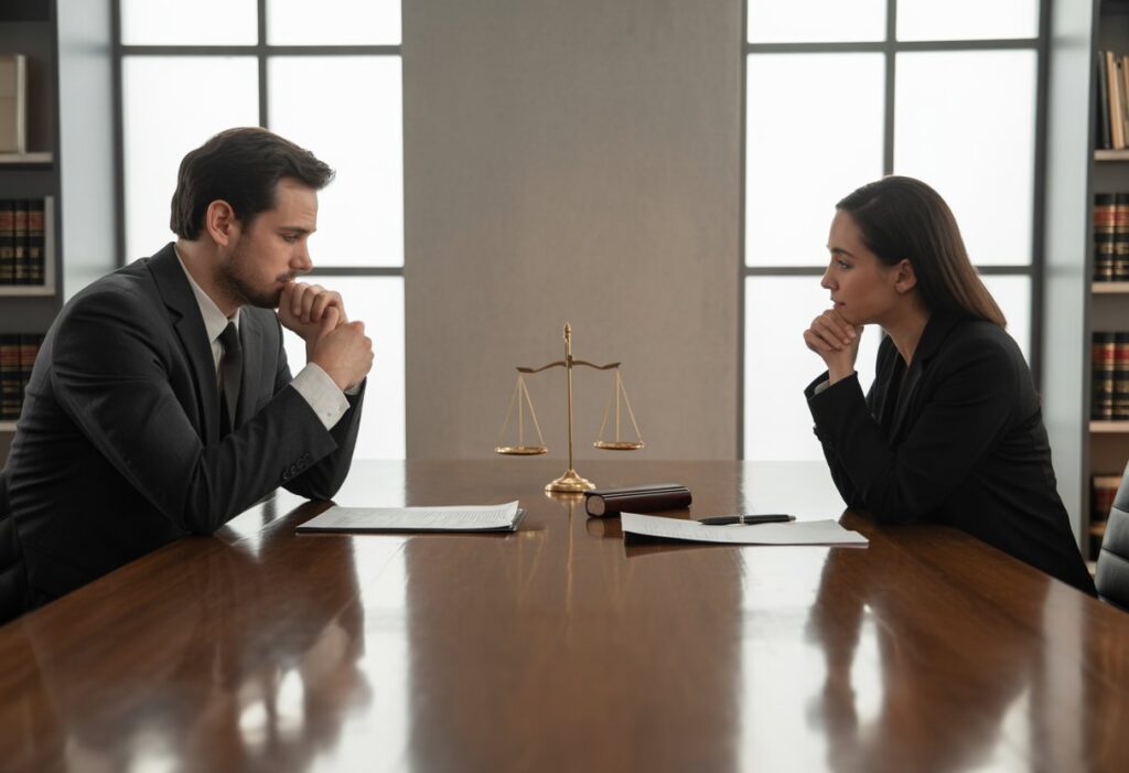 Een man en een vrouw zitten tegenover elkaar aan een tafel met juridische documenten en een weegschaal, in een kantooromgeving.