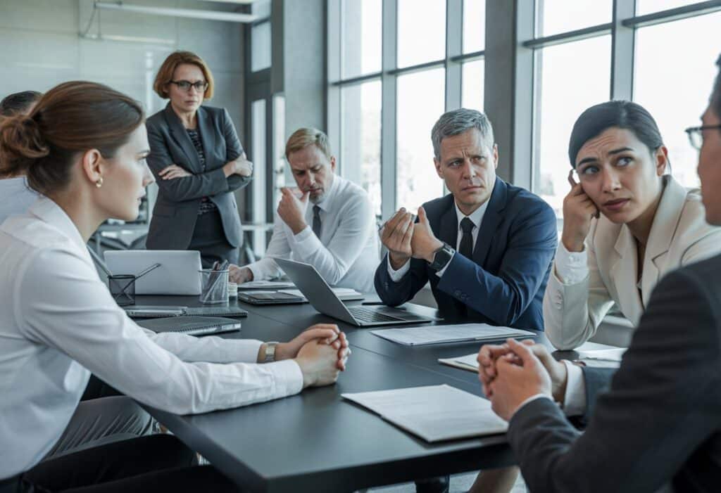 Een groep werknemers en een manager in een moderne kantoorruimte die een serieuze vergadering houden, met gespannen gezichten en documenten op tafel.