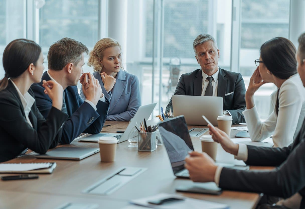 Een groep werknemers en een manager zitten samen aan een vergadertafel in een kantoor en voeren een serieus gesprek.