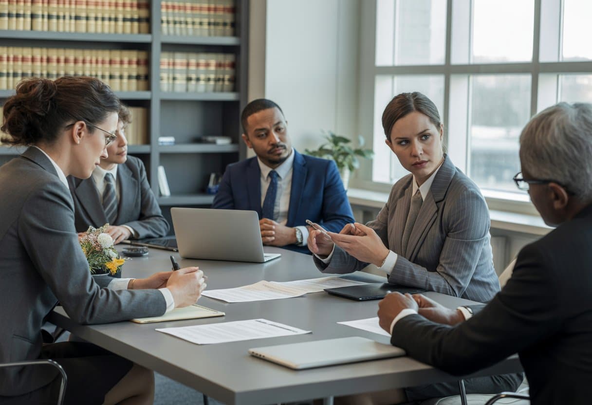 Een groep professionals bespreekt juridische kwesties rond arbeidsrelaties in een moderne vergaderruimte.