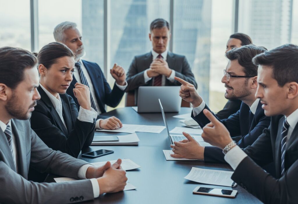 Een groep zakelijke professionals in een vergaderruimte die gespannen en in discussie zijn, met blikken van frustratie en conflicten.