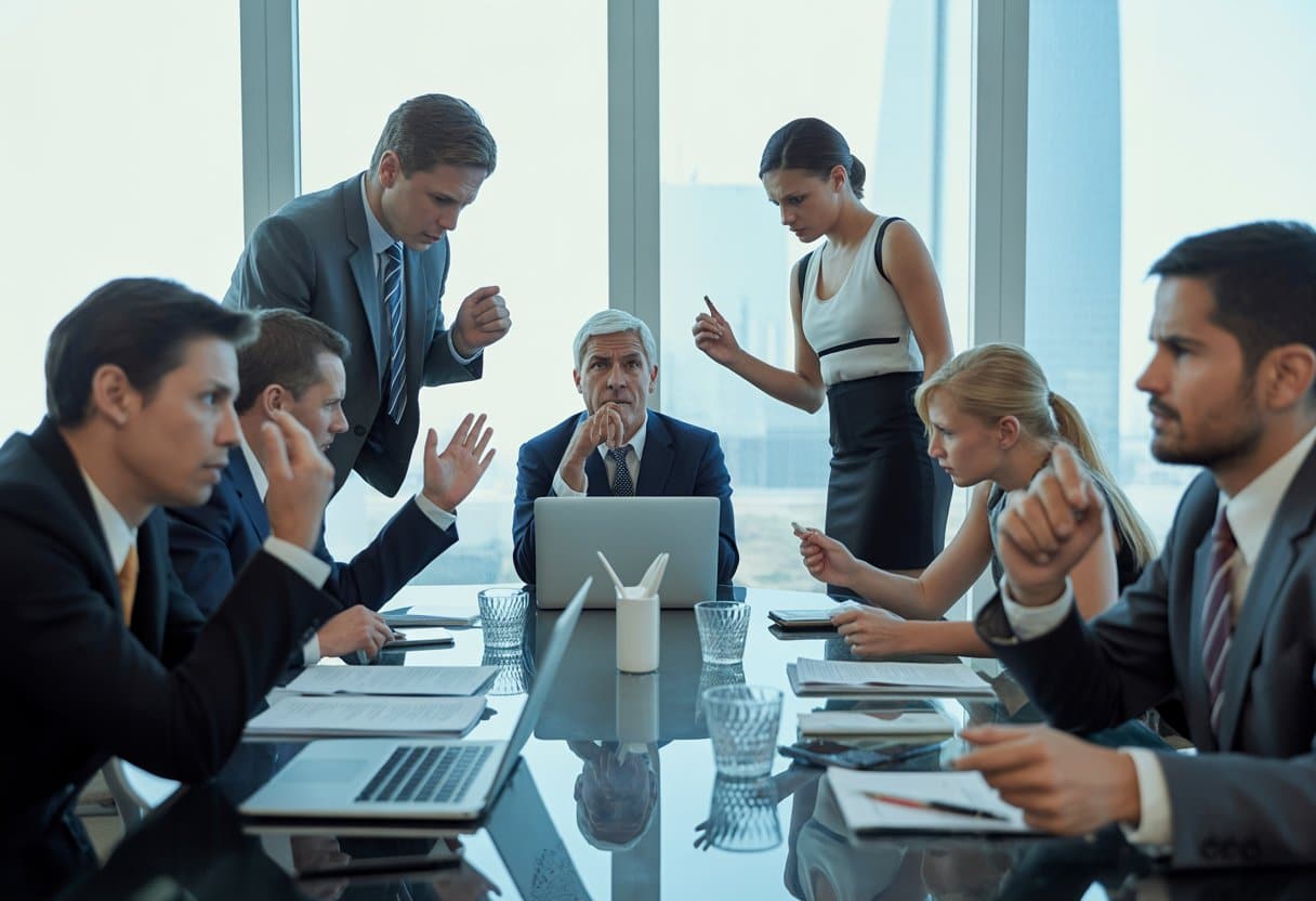 Een groep zakelijke professionals in een vergaderruimte die gespannen en in discussie zijn, wat interne conflicten en machtsspellen binnen het bedrijf uitbeeldt.