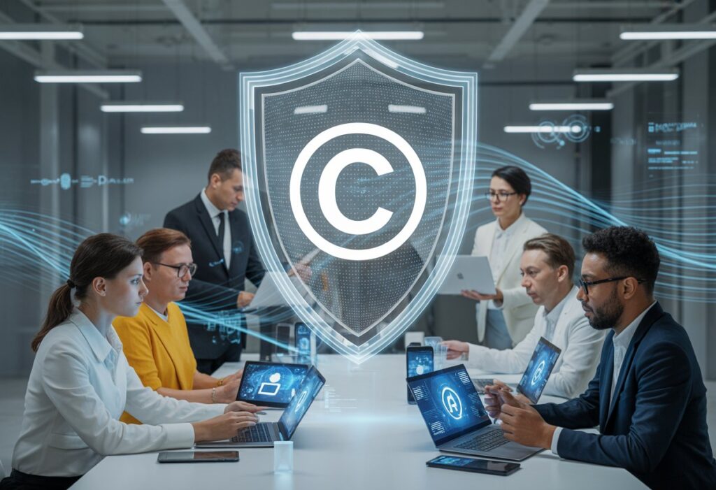 Een groep professionals werkt samen aan een tafel met laptops en smartphones, terwijl een digitaal schild met een auteursrechtssymbool op de achtergrond zichtbaar is.