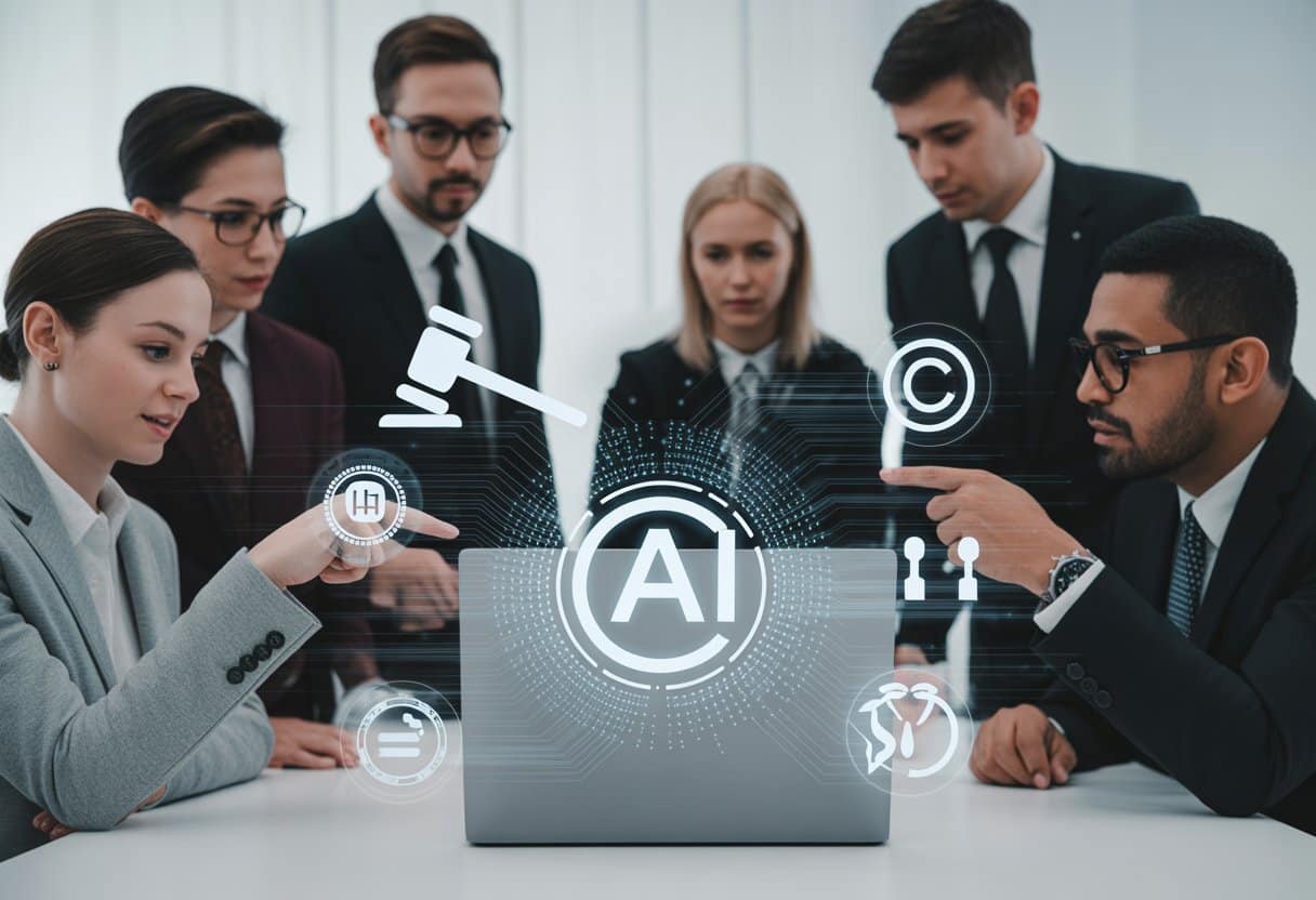 Een groep professionals bespreekt auteursrecht en digitale technologieën rond een laptop in een modern kantoor.
