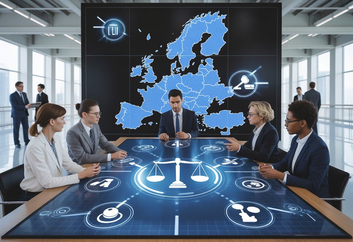 Een groep professionals bespreekt auteursrecht en digitale technologieën in een moderne kantooromgeving met een digitaal scherm en symbolen van recht en AI.