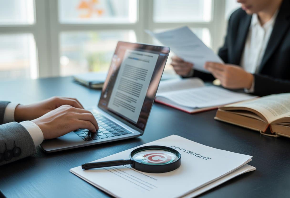 Gekopieerd? Zo herken je een echte auteursrechtinbreuk 1 Een kantooromgeving met een laptop, juridische boeken en een vergrootglas die het concept van auteursrecht en het herkennen van inbreuk symboliseren.