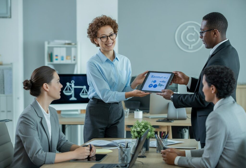 Een werknemer die een digitaal apparaat aan een manager overhandigt in een moderne kantooromgeving.