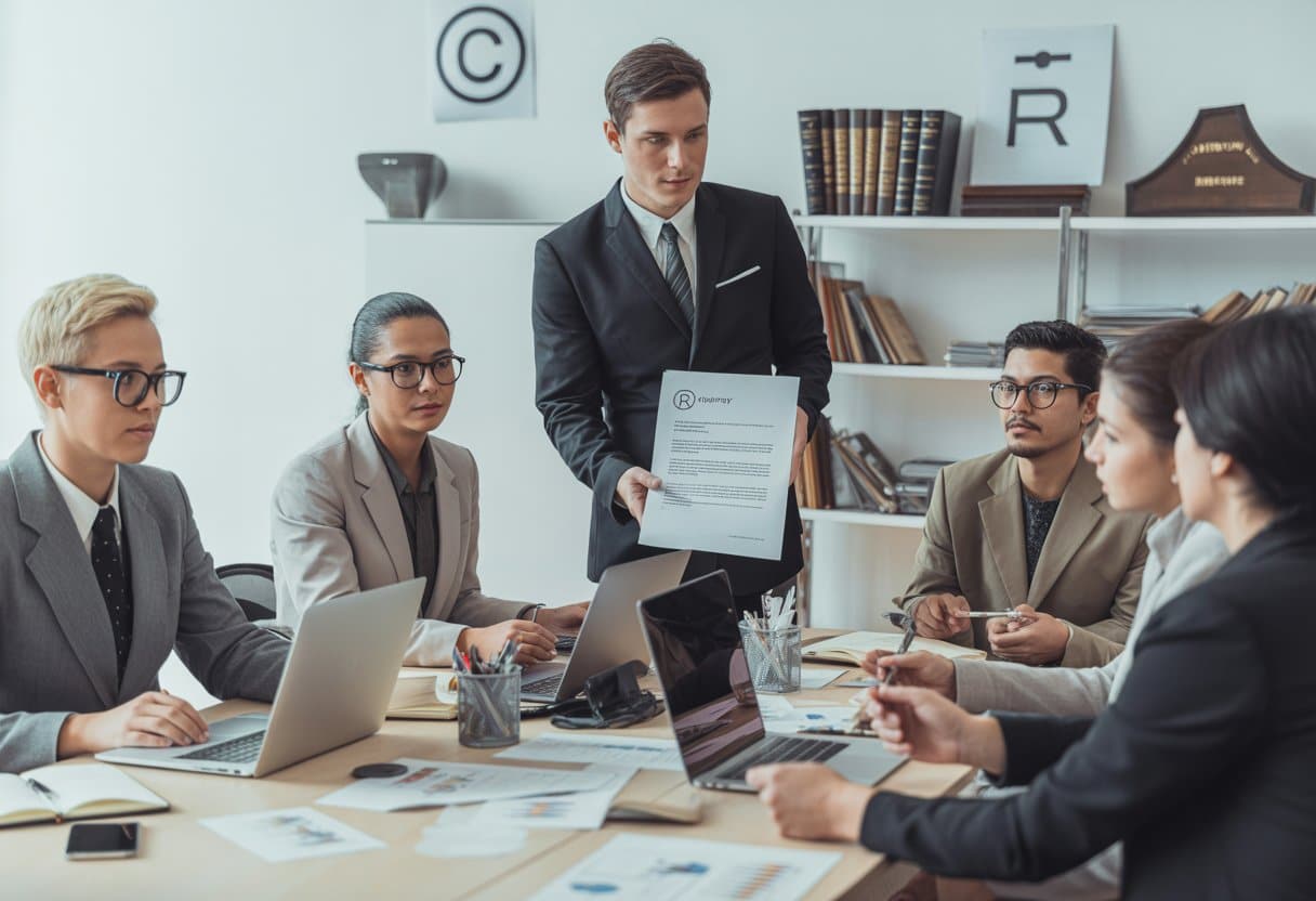 Een groep werknemers werkt samen in een kantoor terwijl een professional een document overdraagt, met boeken en symbolen die auteursrecht suggereren.