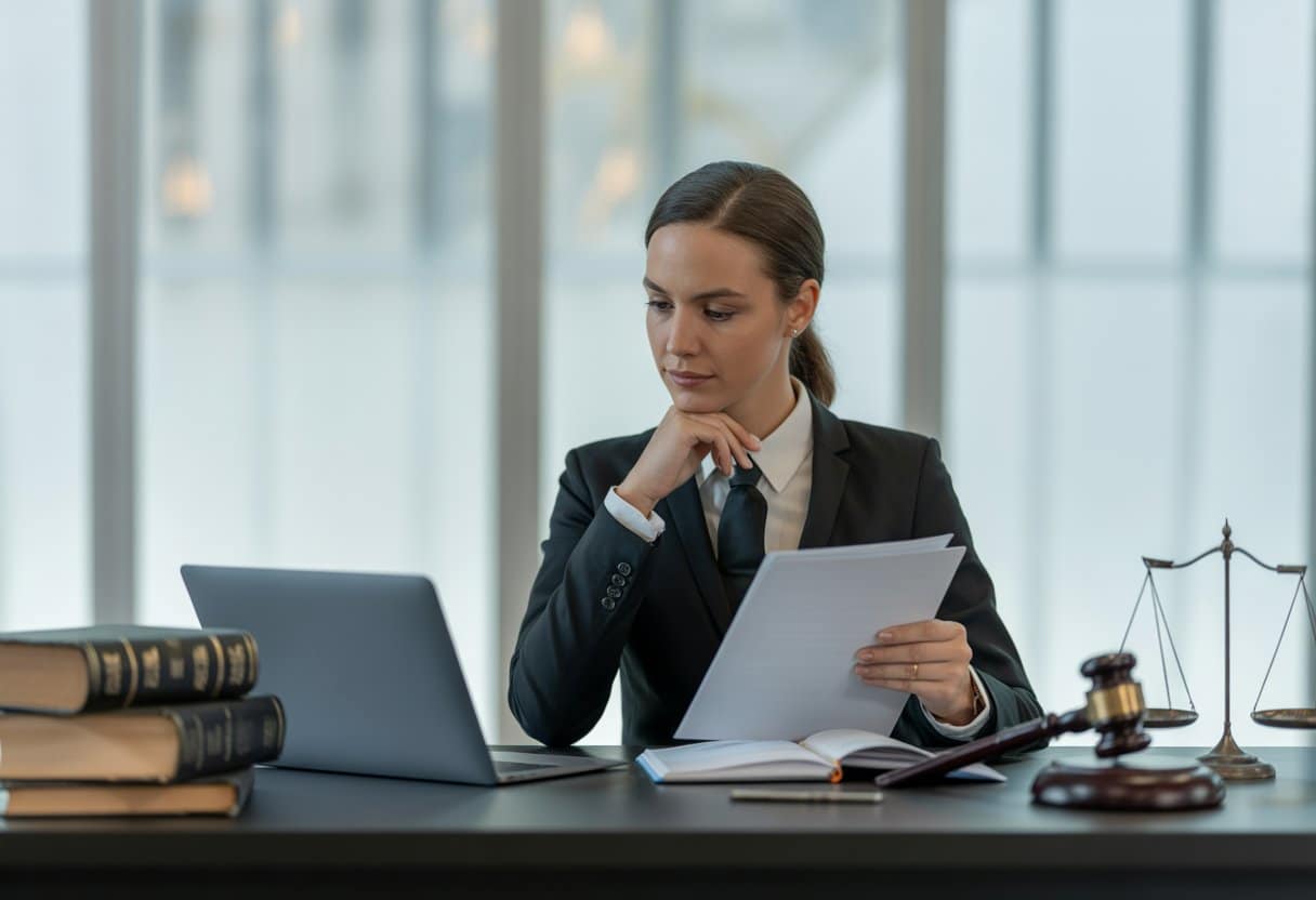 Een zakenprofessional bekijkt juridische documenten aan een bureau in een kantooromgeving met juridische symbolen op de achtergrond.