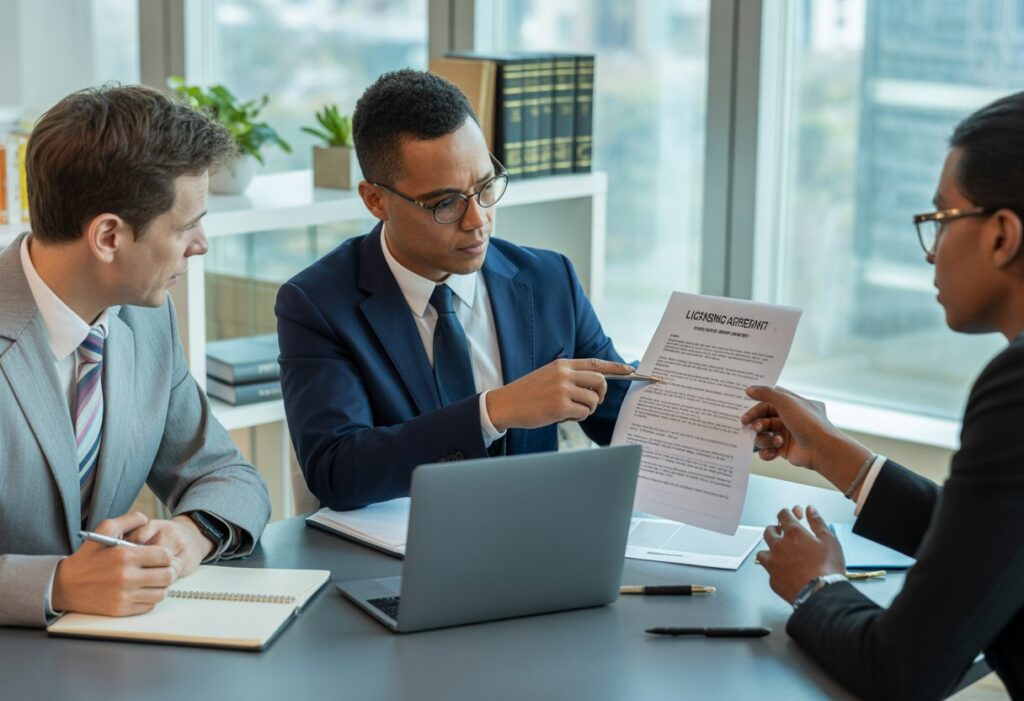 Drie zakelijke professionals in een vergaderruimte bespreken een document aan een tafel.