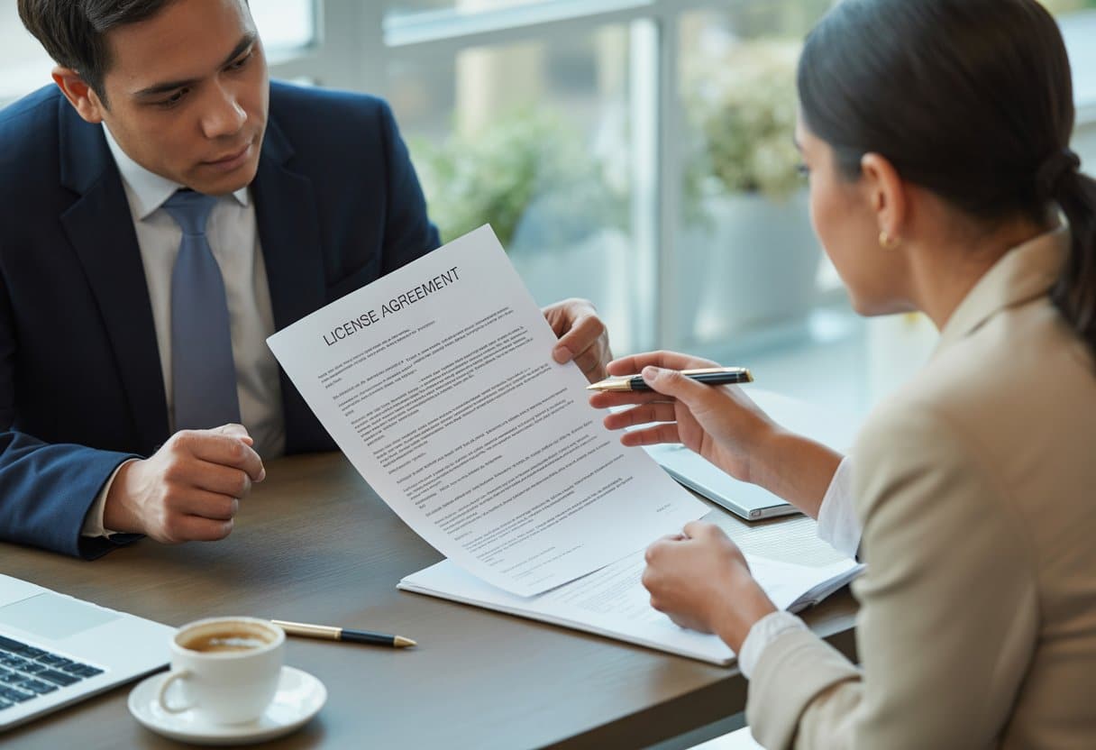 Twee professionals bespreken een document in een kantooromgeving.