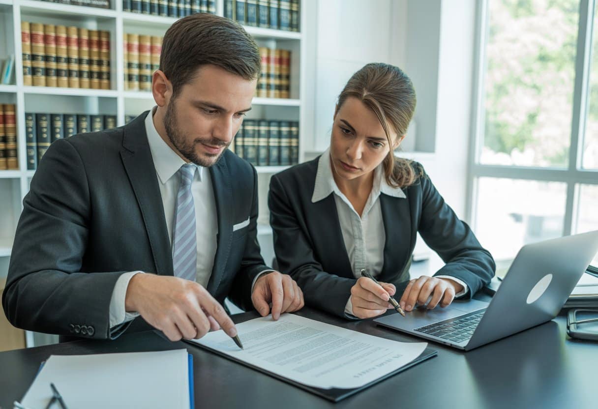 Twee zakelijke professionals bespreken een contract in een kantooromgeving.