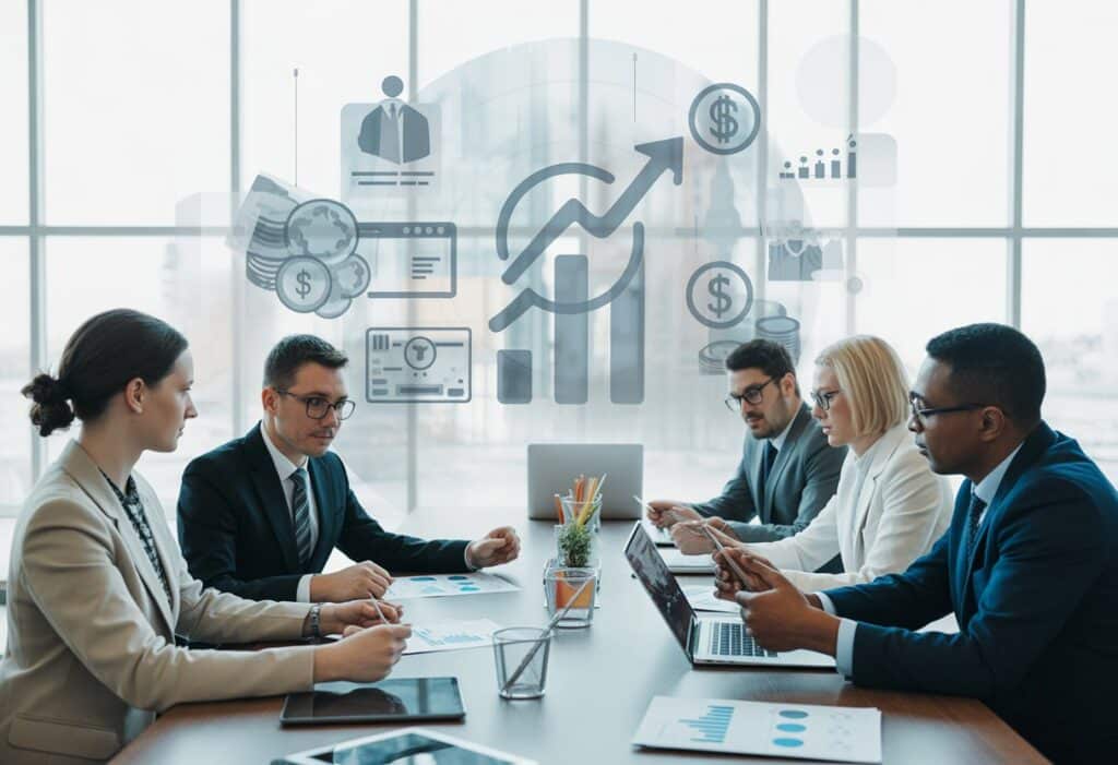 Een groep zakelijke professionals in een moderne kantoorruimte bespreekt documenten en digitale apparaten tijdens een vergadering.
