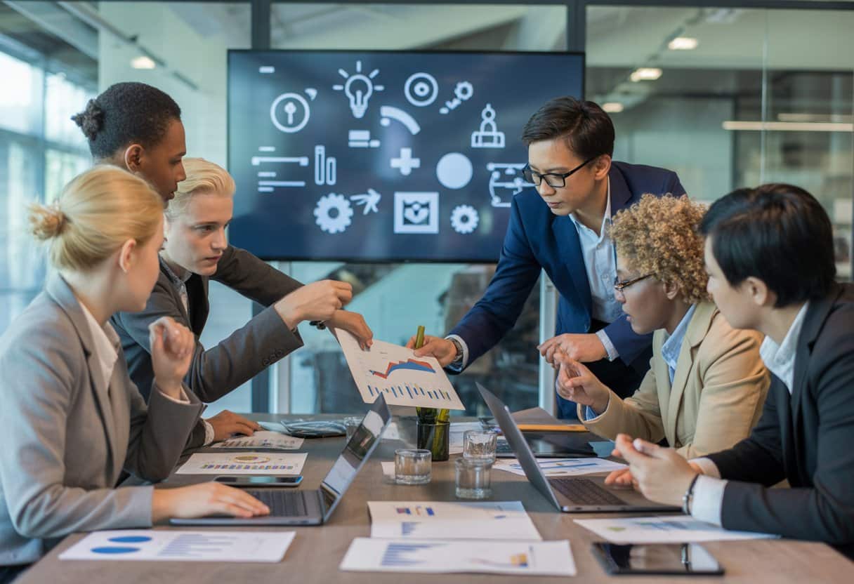 Van innovatie tot inkomsten – hoe een licentieovereenkomst jouw IP laat werken 2 Een groep zakelijke professionals bespreekt samen documenten en digitale schermen in een moderne kantoorruimte.