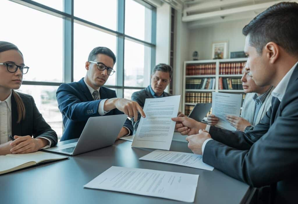 Een groep professionals bespreekt documenten in een moderne kantoorruimte, gericht op het oplossen van problemen met licentievoorwaarden.