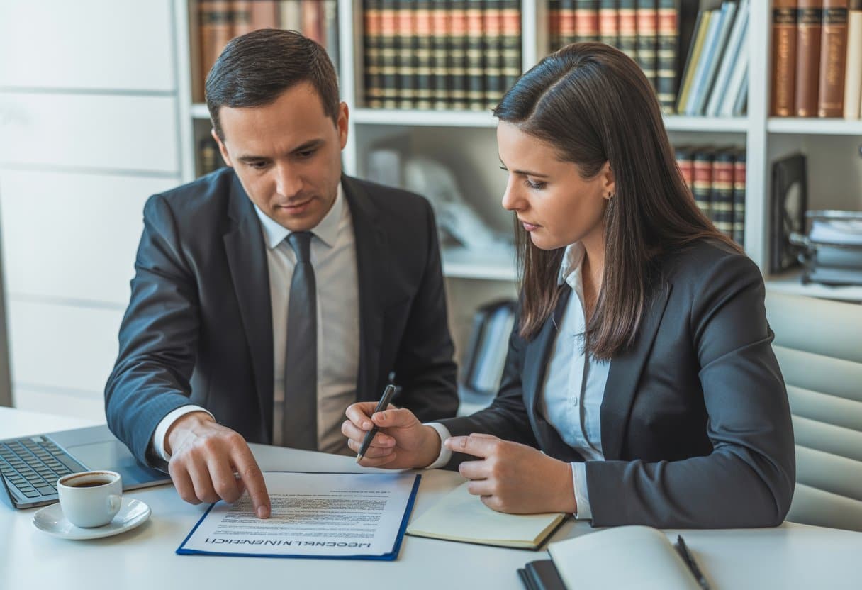 Twee zakelijke professionals bespreken licentieovereenkomsten aan een bureau in een kantooromgeving.
