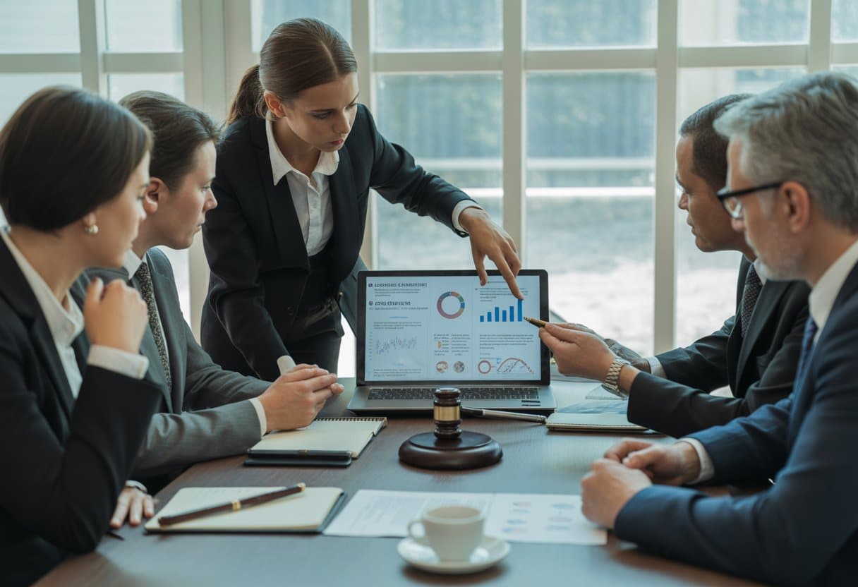 Een groep professionals bespreekt documenten in een moderne kantooromgeving.