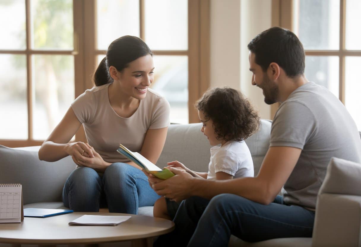 Twee ouders die samen vriendelijk met hun kind omgaan in een lichte woonkamer.