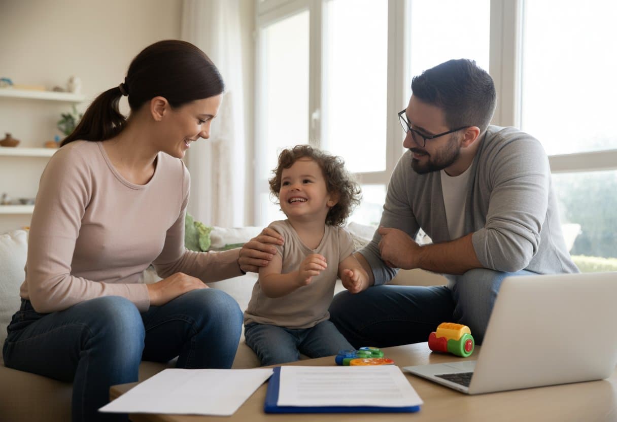 Twee ouders zitten samen aan een tafel met documenten terwijl een kind in de buurt speelt in een lichte woonkamer.