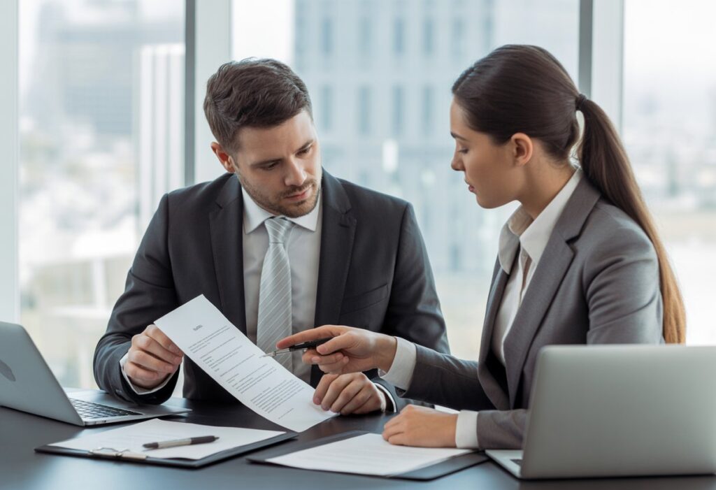 Twee zakelijke professionals bespreken een contract in een modern kantoor.