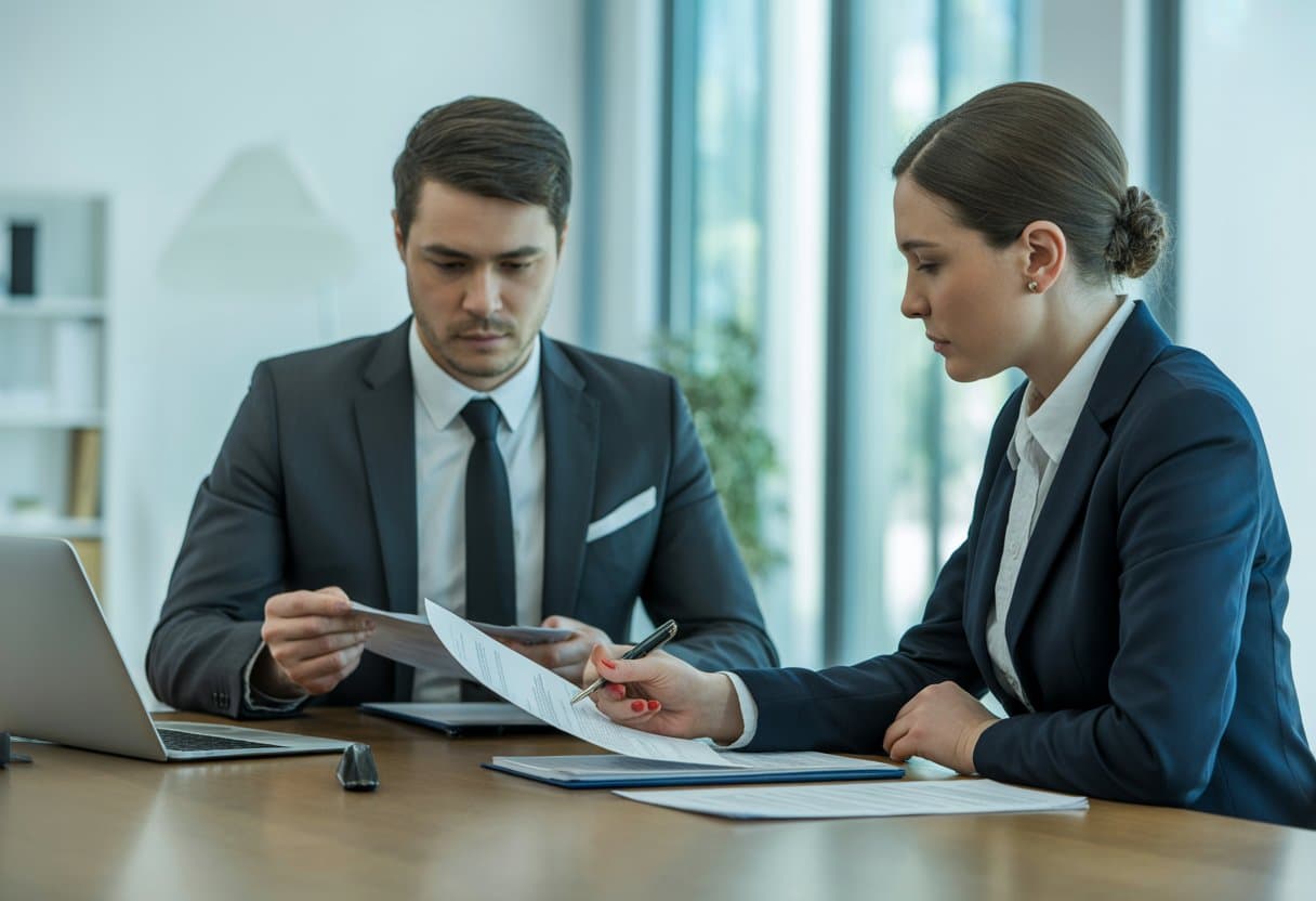 Twee zakelijke professionals bespreken documenten aan een bureau in een modern kantoor.