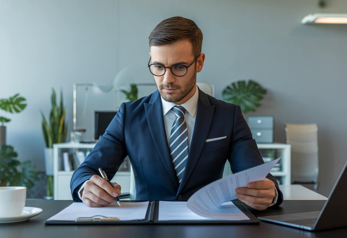 Een zakelijke persoon die een contract bekijkt aan een bureau in een kantooromgeving.
