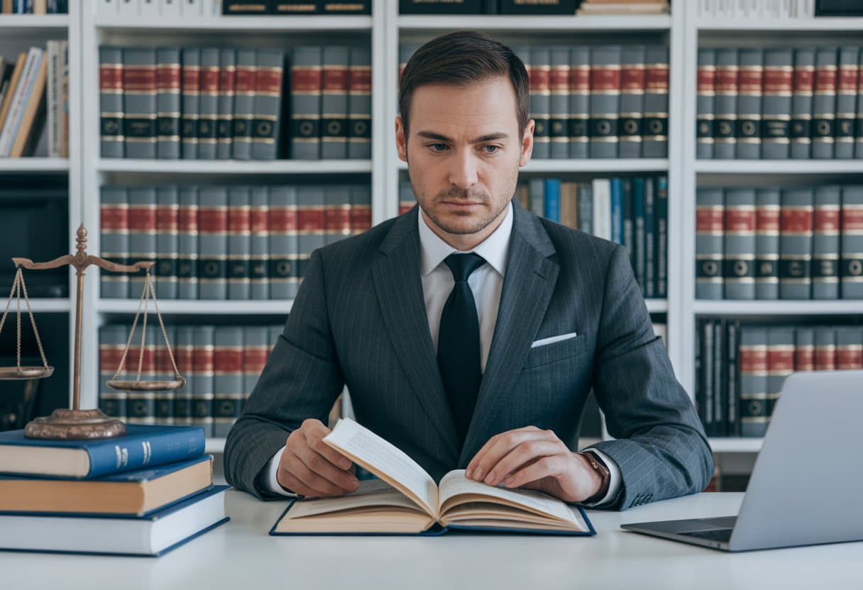 Een strafrechtadvocaat zit geconcentreerd aan een bureau in een kantoor met juridische boeken en een weegschaal van gerechtigheid op de achtergrond.