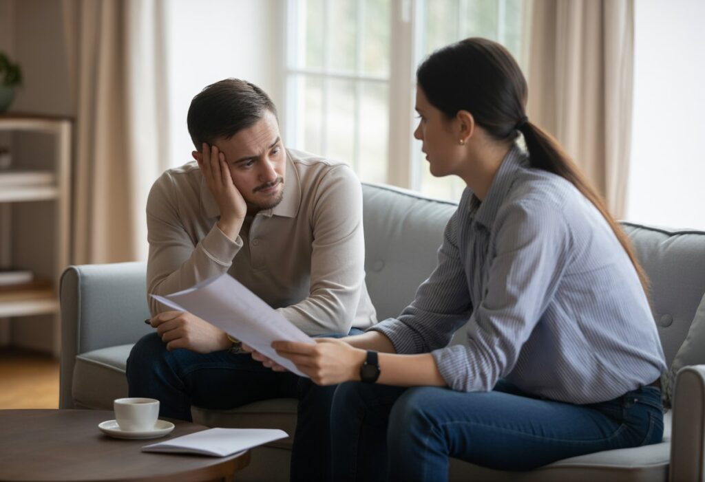 Twee volwassenen voeren een serieus gesprek in een woonkamer, één houdt een document vast en de ander luistert aandachtig.