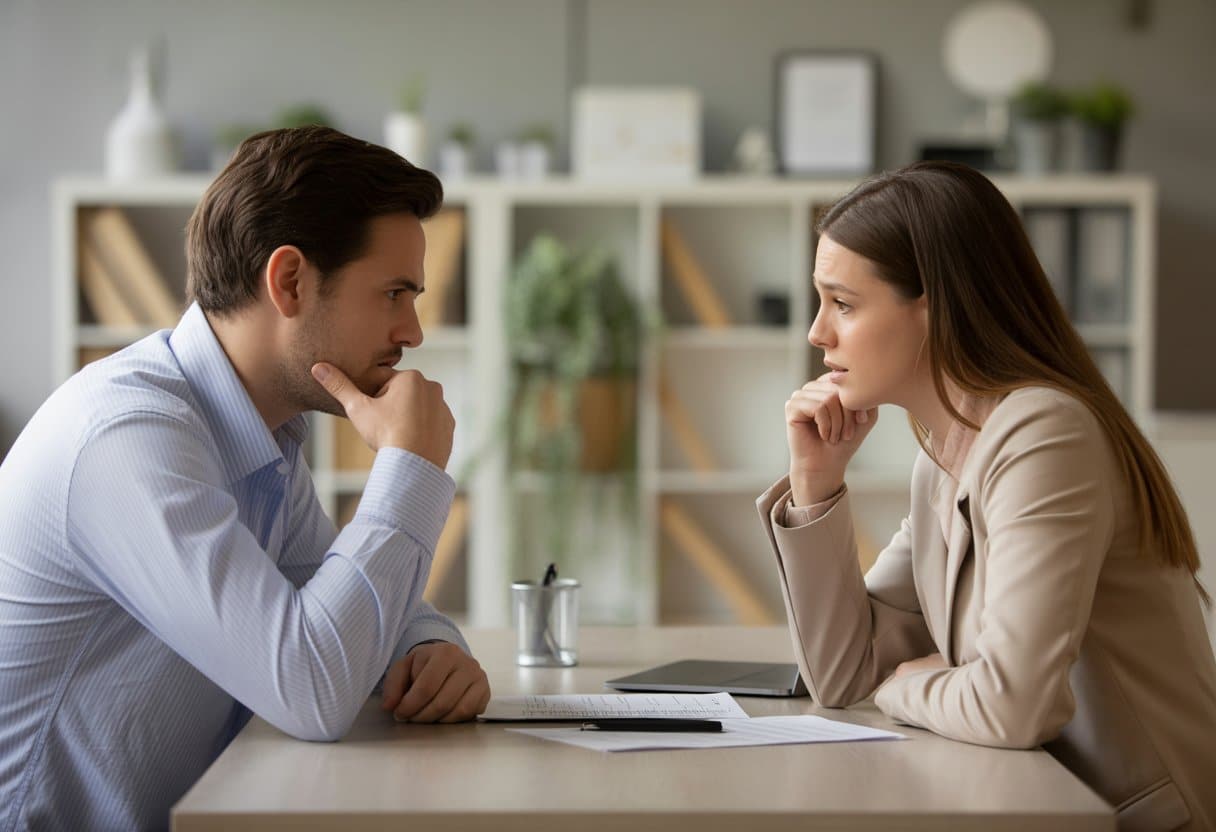 Twee ouders zitten tegenover elkaar aan een tafel in een kantoor en bespreken co-ouderschapsafspraken.