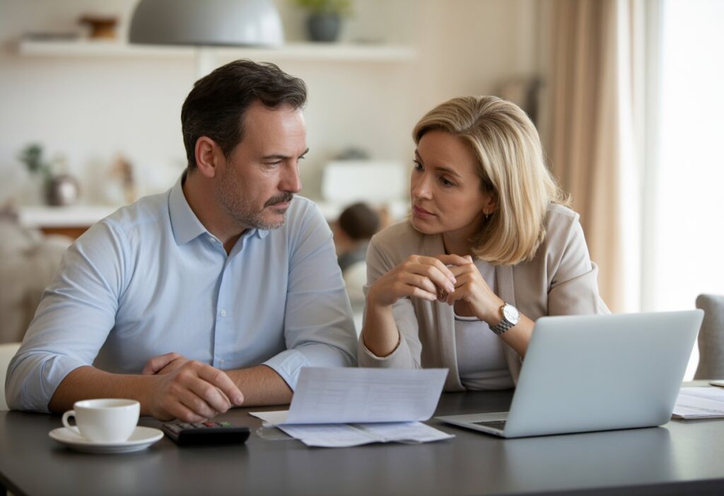 Een stel zit samen aan een tafel en bespreekt documenten in een huiselijke omgeving.