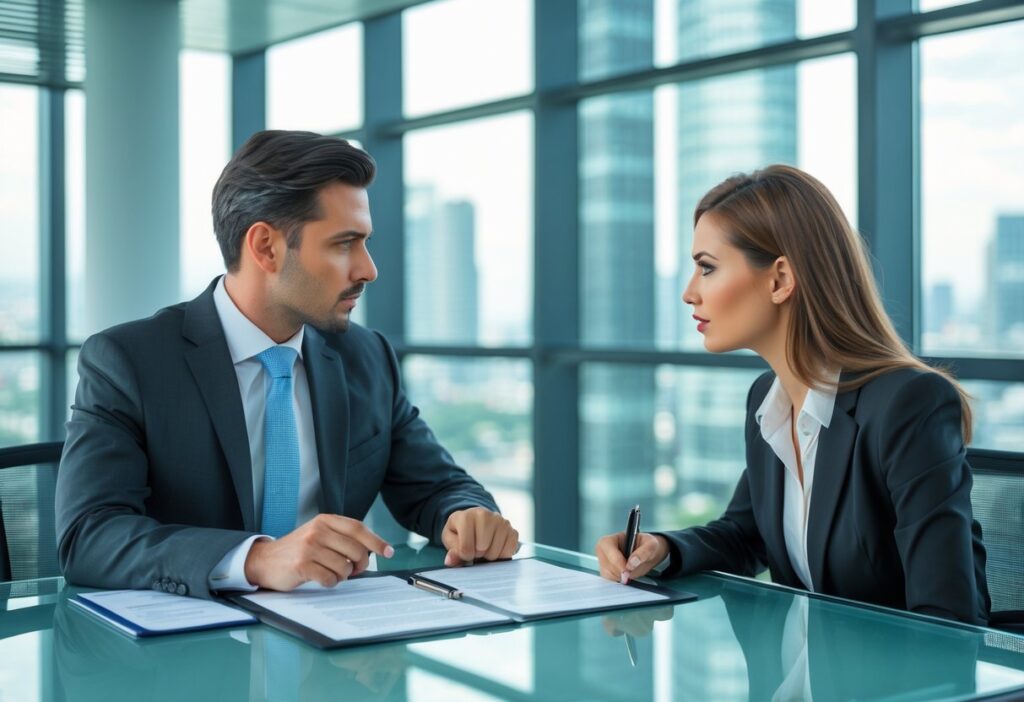 Twee zakelijke professionals zitten aan een tafel in een modern kantoor en bespreken een contract.