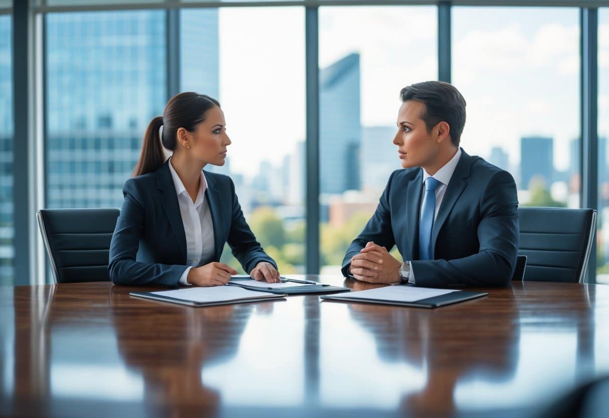 Twee zakelijke professionals in een kantoor die geconcentreerd een gesprek voeren aan een vergadertafel.
