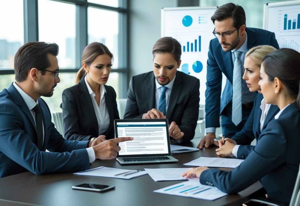 Een groep zakelijke professionals bespreekt documenten rond een vergadertafel in een moderne kantooromgeving.