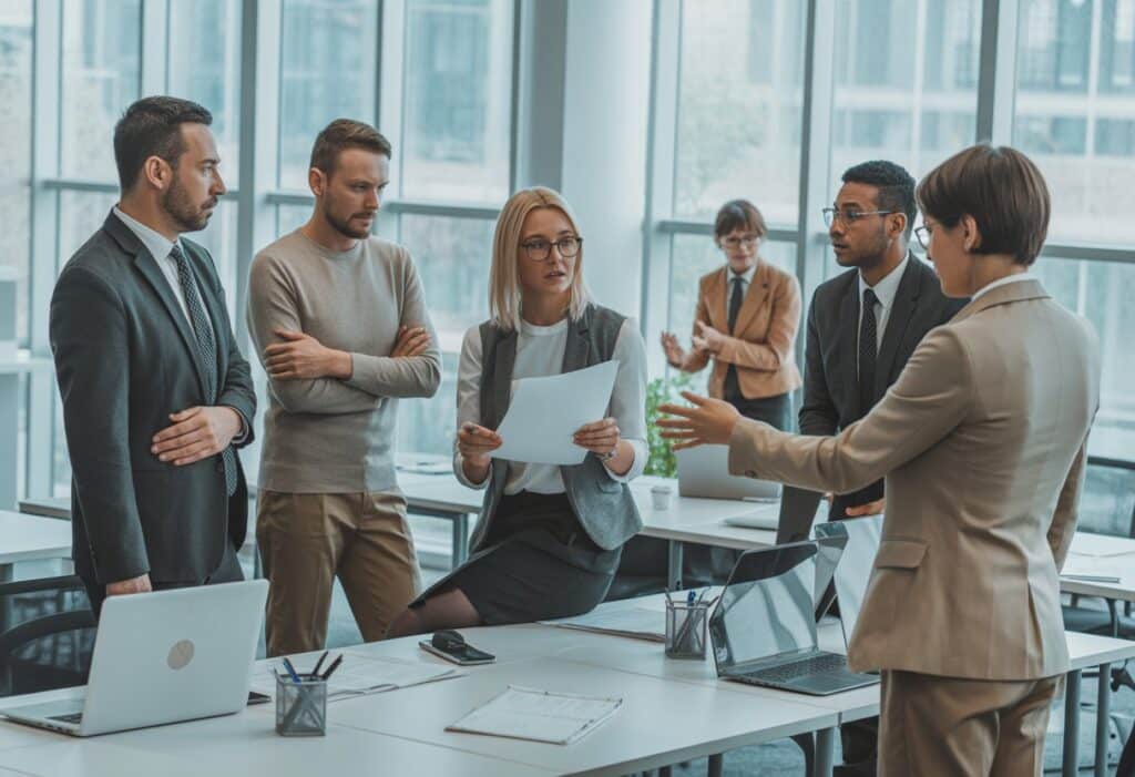 Een groep werknemers in een kantoor luistert aandachtig naar een HR-manager tijdens een serieus gesprek over herstructurering.