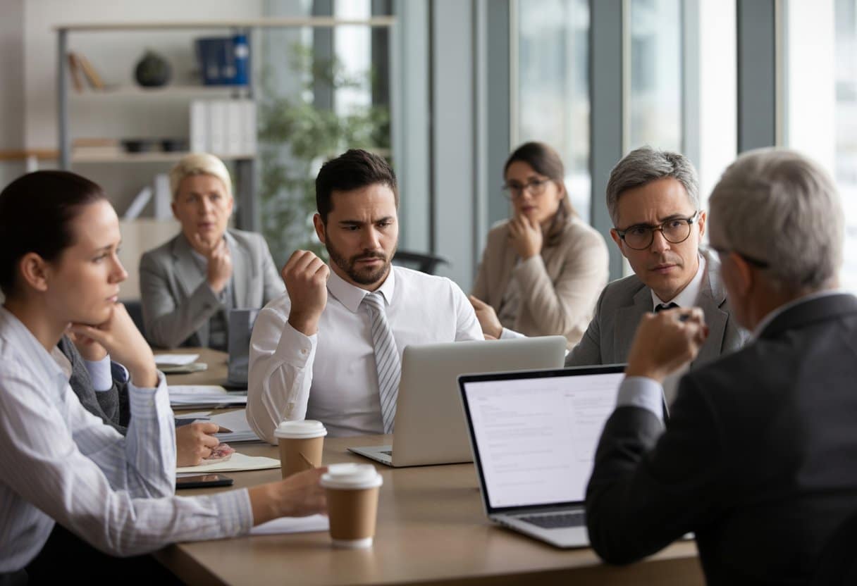 Een groep werknemers zit gespannen rond een vergadertafel in een kantoor, luisterend naar een manager tijdens een belangrijke bespreking.