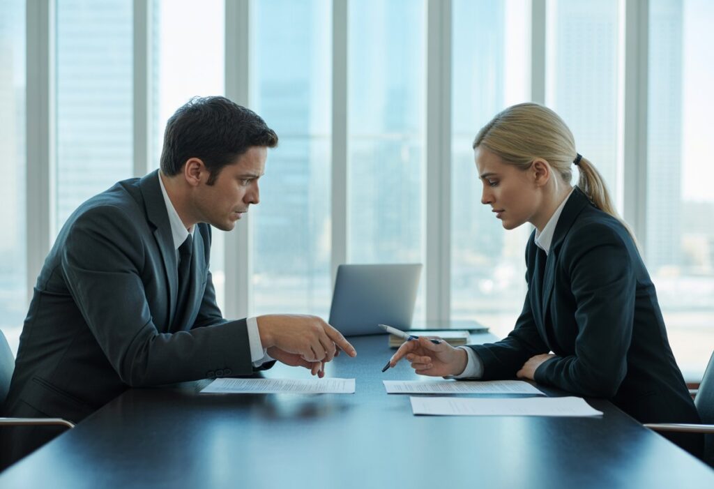 Twee zakenpartners zitten aan een tafel en bespreken een probleem met een contract in een kantoor.