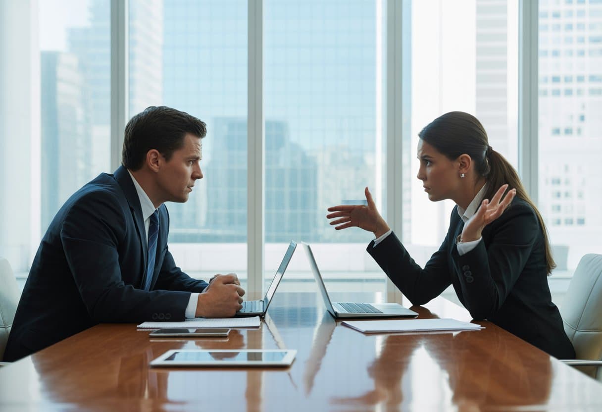 Twee zakenpartners zitten tegenover elkaar aan een tafel in een kantoor en hebben een serieus gesprek.