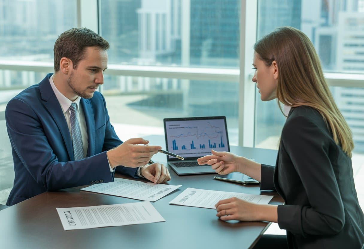 Non-concurrentiebeding: bescherming of beperking? Uitleg & Praktijk 1 Twee zakelijke professionals bespreken contracten in een modern kantoor met uitzicht op de stad.