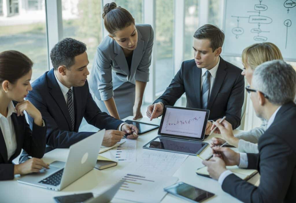 Een groep zakelijke professionals die rond een tafel zitten en documenten en grafieken bekijken tijdens een vergadering over de overname van een bedrijf.