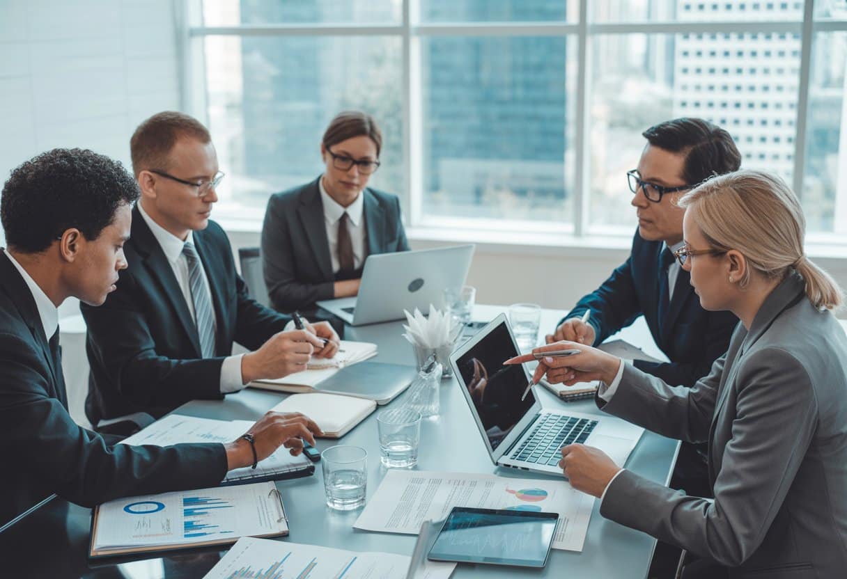 Een groep zakelijke professionals zit rond een vergadertafel en bespreekt documenten tijdens een bedrijfsovername.