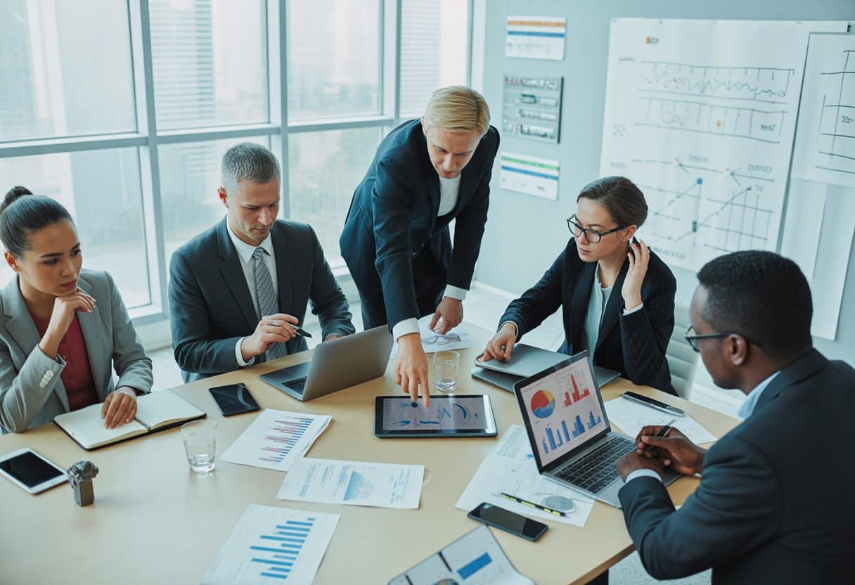 Een groep zakelijke professionals zit rond een vergadertafel met laptops en documenten, bezig met een bespreking over bedrijfsanalyse.