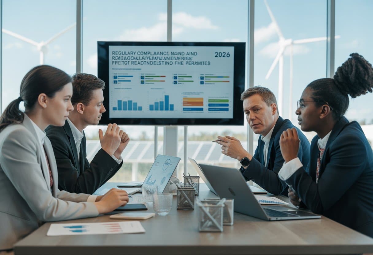 Een groep professionals bespreekt energiebedrijf vergunningen in een moderne kantoorruimte met laptops en grafieken.